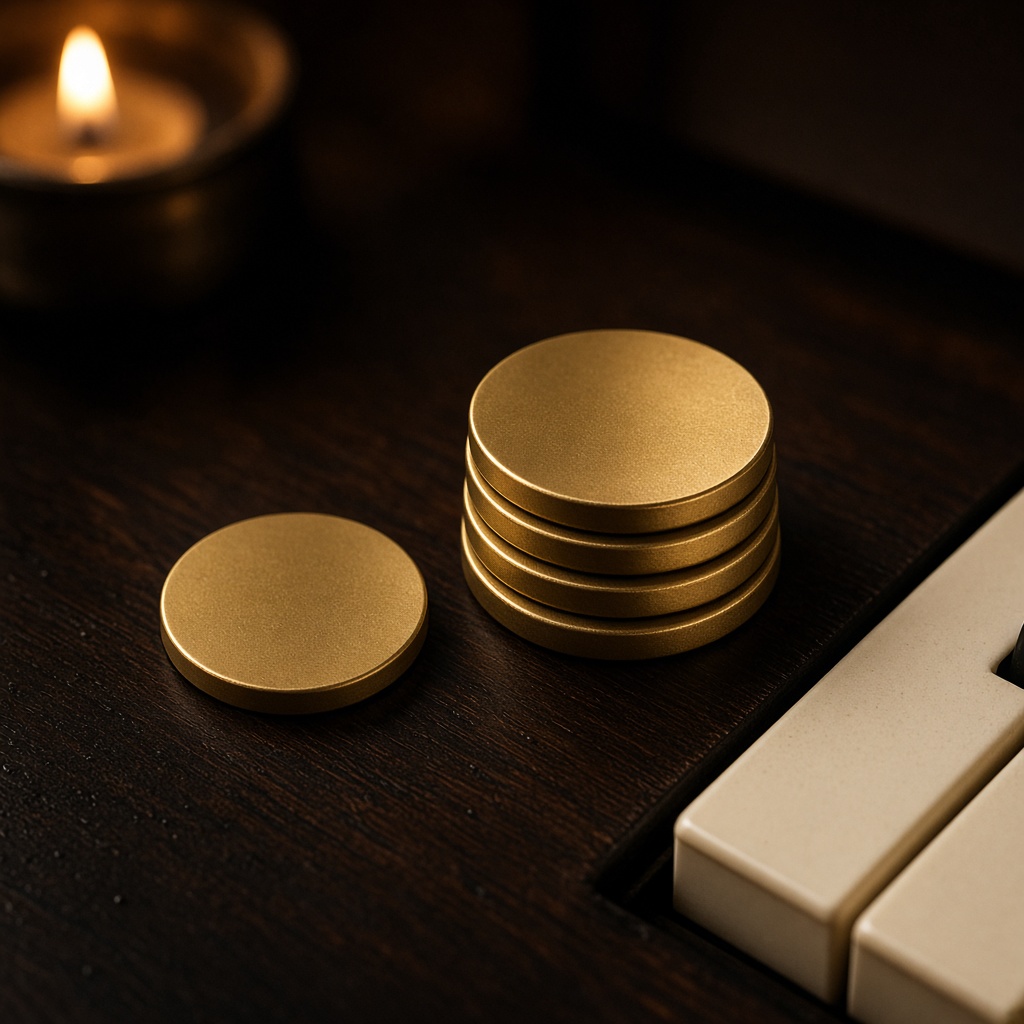 A stack of blank gold coins beside a piano key.