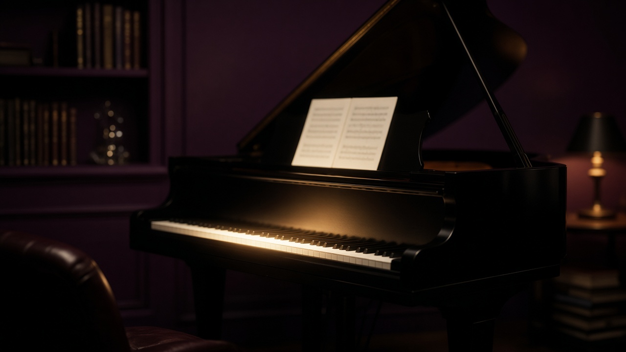 A grand piano in a dim study, with warm light across the keys.